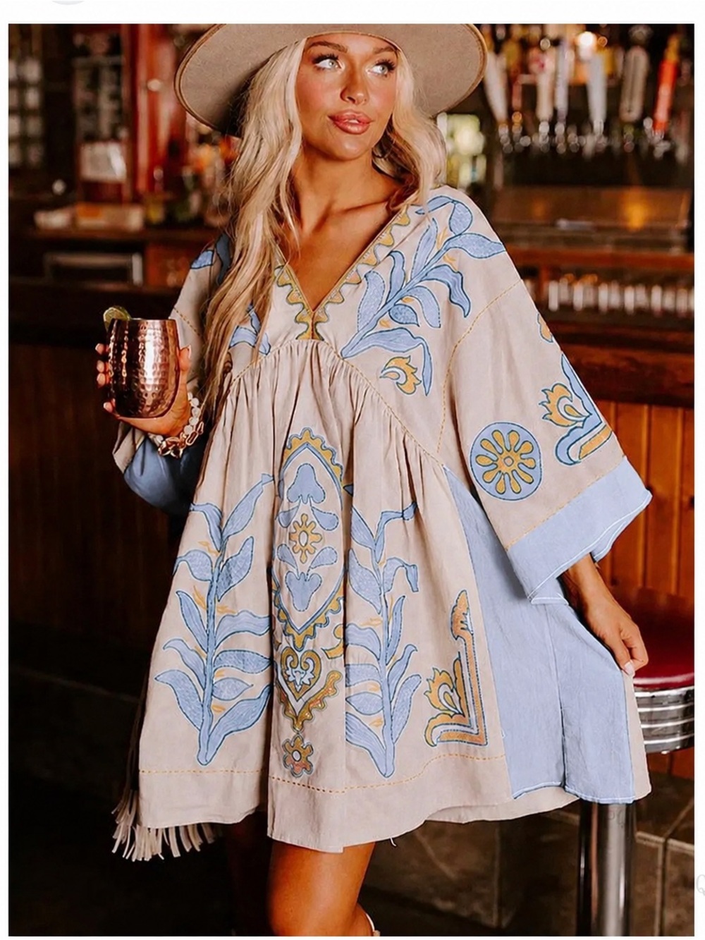 Anthropologie Blue Velvet Boho Chic M/L Cream Blue Embroidered Mini Dress
